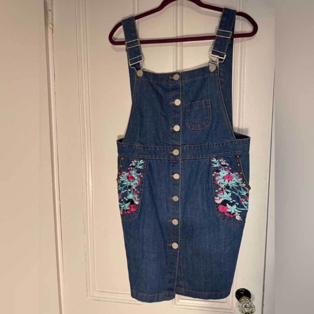 POL Denim Overall Dress with Floral Embroidery